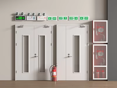 White Swing Doors With Narrow Glass Panels And Green Safety Signs Near Red Fire Extinguisher 3d model