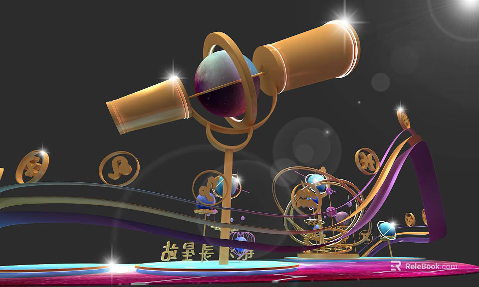 Vintage Space Themed Mechanical Decor With Ornate Gears And Sphere Elements 3d model 