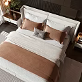 Elegant Modern Beige Double Bed With Dark Striped Wooden Wall Nightstands Lamps And Green Plant