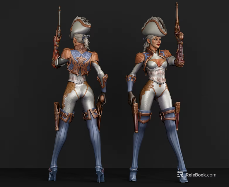 Game Movie Female Character In Silver Brown Outfit With Hat And Dual Pistols 3d model 