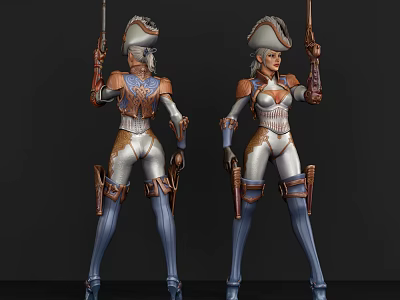 Game Movie Female Character In Silver Brown Outfit With Hat And Dual Pistols 3d model