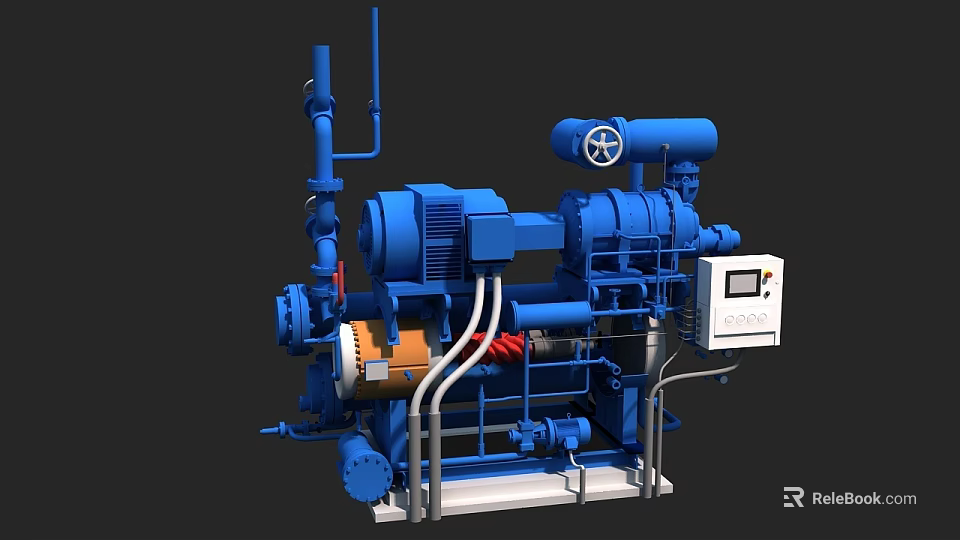 Industrial Blue Machinery Unit With Pump System Pipes Motor And Control Panel 3d model