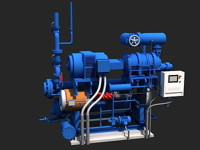 Industrial Blue Machinery Unit With Pump System Pipes Motor And Control Panel 3d model