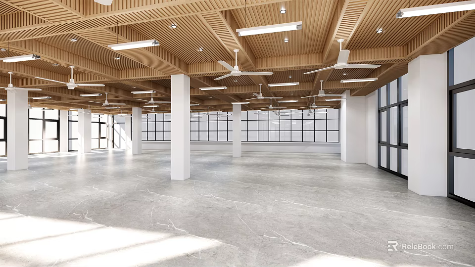 Spacious Interior With Wooden Ceiling Ceiling Fans Recessed Lights White Columns Large Windows Marble Floor 3d model 