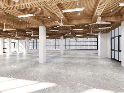 Spacious Interior With Wooden Ceiling Ceiling Fans Recessed Lights White Columns Large Windows Marble Floor 3d model