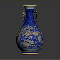 Blue Vase Sculpture Carving With Dragon Patterns Golden Decorations And Double Handles
