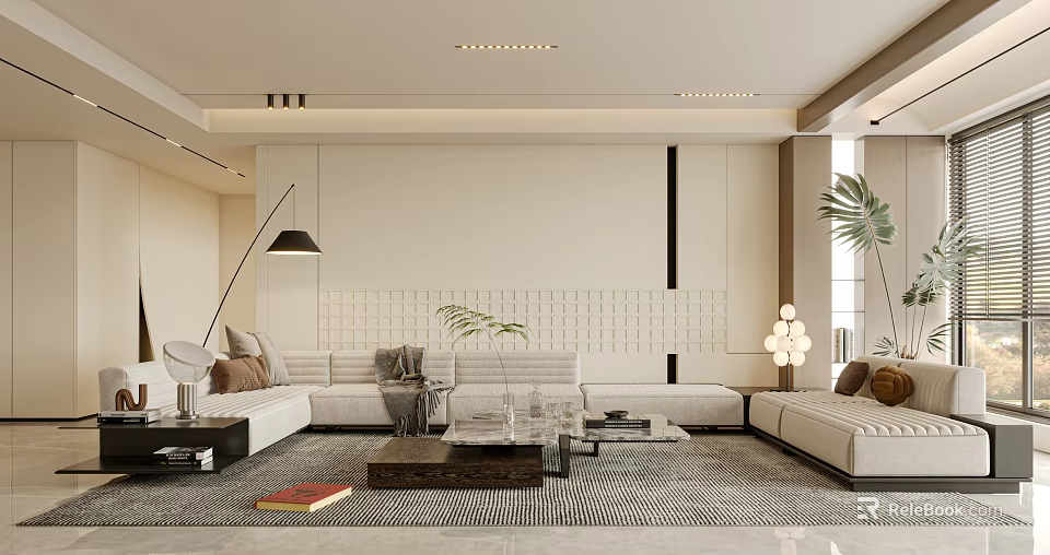 Elegant Modern Living Room Interior Design With Beige Sofa Glass Coffee Table And Green Plants 3d model 