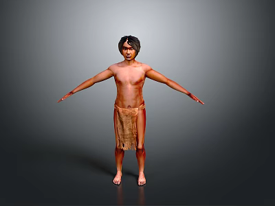 Shirtless Man in Animal Skin Skirt with Arms Outstretched Against Gray Background 3d model