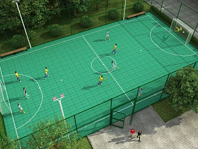 Park Landscape Featuring Multi functional Sports Court Green Surface Football Goals Basketball Hoop Trees And Benches 3d model
