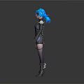 3D Character Model With Blue Long Hair And Black Armor Outfit