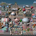 Vibrant Amusement Park With Colorful Buildings Hot Air Balloons And Carousel Rides