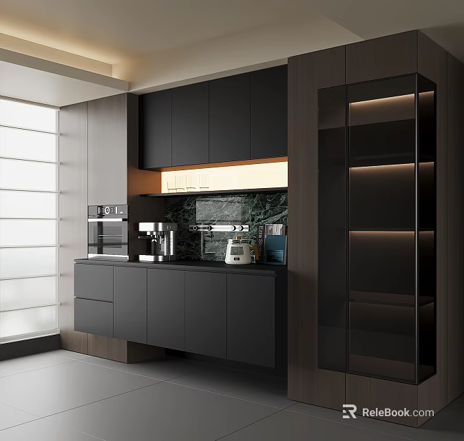 Modern Minimalist Kitchen Sideboard With Dark Wood Cabinets Lighting And Appliances On Countertop 3d model 