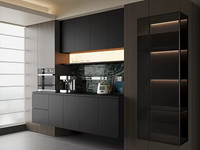 Modern Minimalist Kitchen Sideboard With Dark Wood Cabinets Lighting And Appliances On Countertop 3d model
