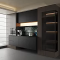 Modern Minimalist Kitchen Sideboard With Dark Wood Cabinets Lighting And Appliances On Countertop