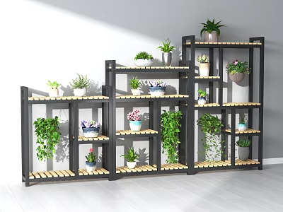 Indoor Garden Decor Featuring Black Tiered Shelves With Hanging And Potted Green Plants 3d model