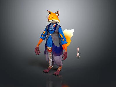Detailed Anthropomorphic Fox Game Movie Character In Blue Outfit With Orange Tail And Gloves 3d model