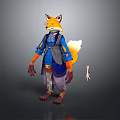 Detailed Anthropomorphic Fox Game Movie Character In Blue Outfit With Orange Tail And Gloves