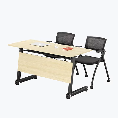 Modern Office Conference Table With Black Mesh Chairs Laptop Water Glass And Red Book 3d model