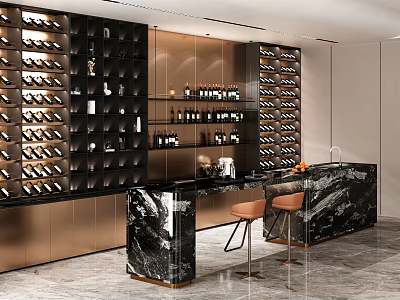 Luxury Modern Bar With Marble Countertop Wine Racks And Bar Stools 3d model