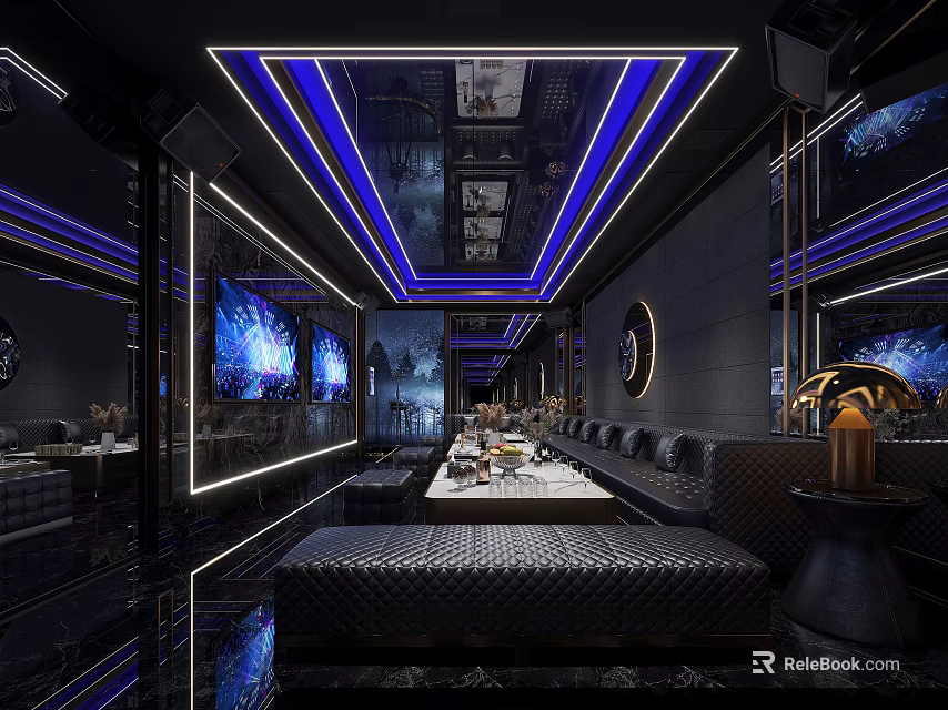 Modern KTV Interior Design With Neon Lights Leather Sofa And Large Screens 3d model 