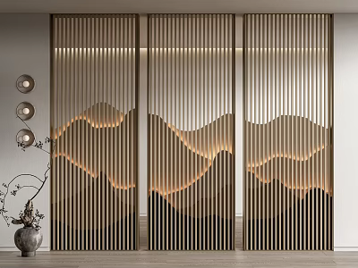 Modern Wooden Slat Room Divider With Mountain Pattern And Ambient Lighting 3d model