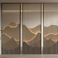 Modern Wooden Slat Room Divider With Mountain Pattern And Ambient Lighting