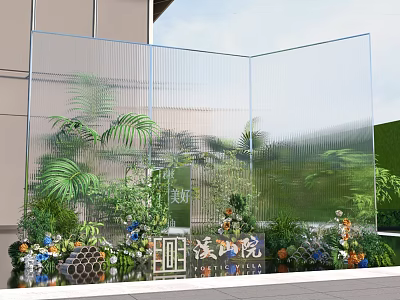 Floral Installation Design for Courtyard with Glass Screen Green Plants and Flowers 3d model
