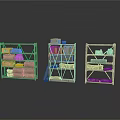 Three Metal Storage Shelves With Boxes And Various Items Displayed