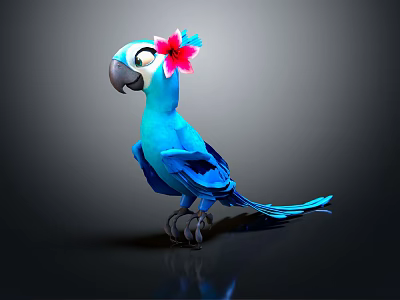 Vibrant Blue Parrot With Pink Flower On Head Against Dark Background 3d model