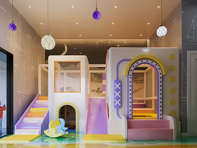 Indoor Kids Playground With Colorful Slide Stairs And Hanging Decoration Balls 3d model
