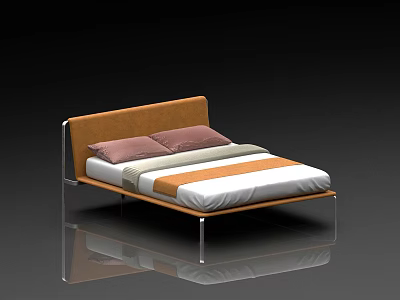 Modern Double Bed With Orange Headboard Two Pillows White Orange Striped Bedspread And Metal Frame 3d model