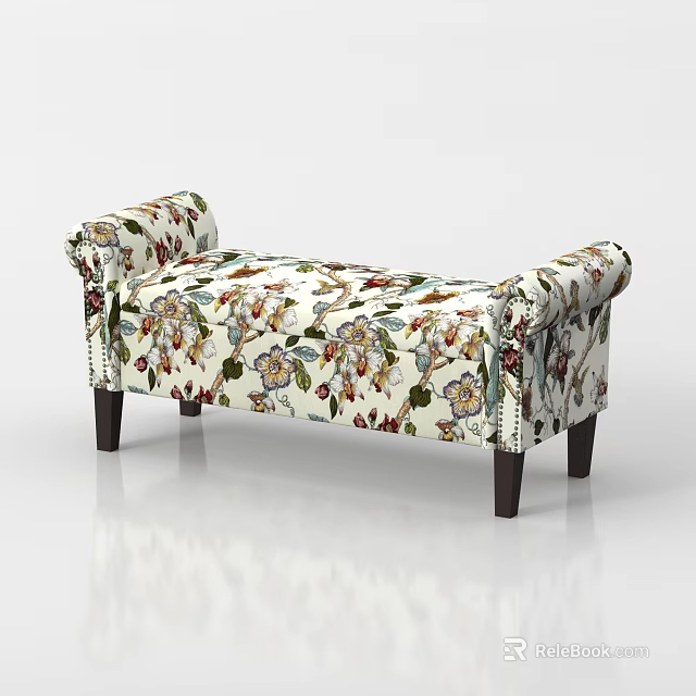 Elegant Floral Pattern Upholstered Bench With Armrests And Wooden Legs Design 3d model 