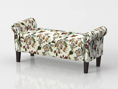 Elegant Floral Pattern Upholstered Bench With Armrests And Wooden Legs Design 3d model