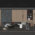 Modern Living Room Interior with Black Sofa Marble Accent Wall Wooden Paneling Geometric Coffee Table