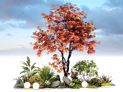 Colorful Plant Combination with Red Leaved Tree Various Green Plants Stones and White Spherical Lights 3d model