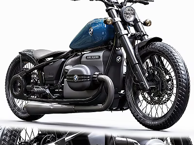 Black and Blue BMW Custom Motorcycle with Vintage Design Classic Seat and Black Tires 3d model