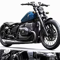 Black and Blue BMW Custom Motorcycle with Vintage Design Classic Seat and Black Tires