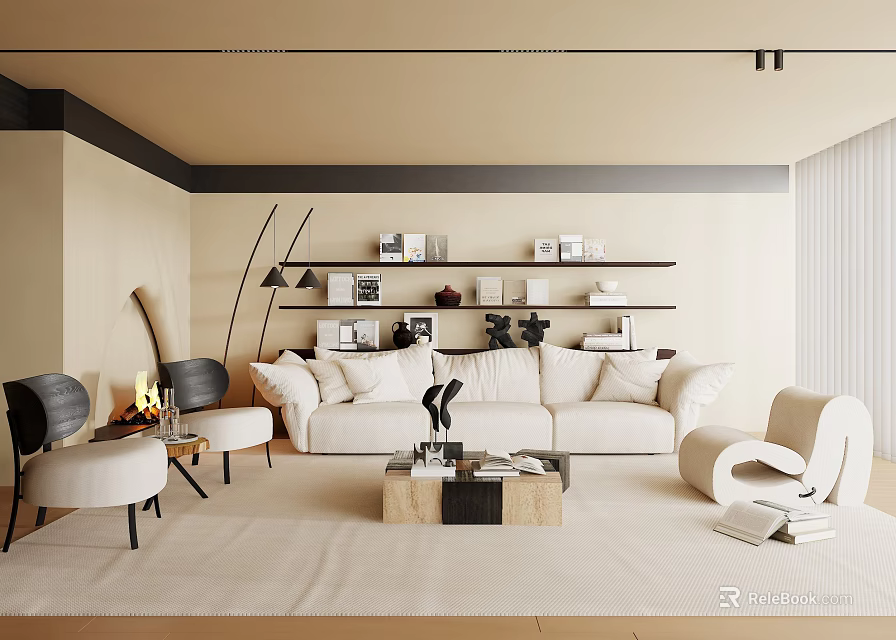 Modern Living Room Interior With Beige Sofa White Rug Wooden Coffee Table Shelves And Fireplace 3d model 