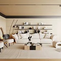 Modern Living Room Interior With Beige Sofa White Rug Wooden Coffee Table Shelves And Fireplace