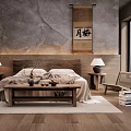 Japanese Style Bedroom With Wooden Bed Nightstands Table Lamps And Scroll Painting
