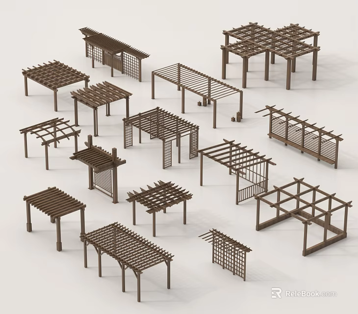 Various Wooden Pergola Designs With Different Structures And Lattice Patterns For Outdoor Use 3d model