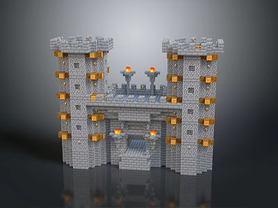 Block Built Castle Model With Gray Walls Golden Decorations And Flaming Torches 3d model