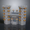 Block Built Castle Model With Gray Walls Golden Decorations And Flaming Torches