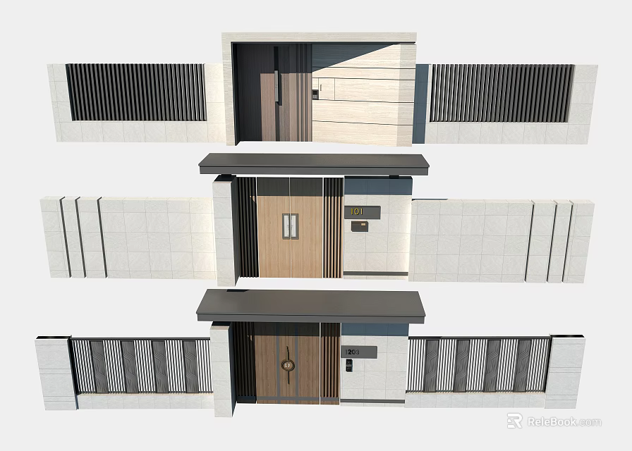 Modern Entrance Gate Designs With Wooden Doors Stone Walls And Decorative Railings 3d model 