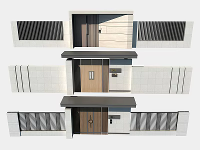 Modern Entrance Gate Designs With Wooden Doors Stone Walls And Decorative Railings 3d model