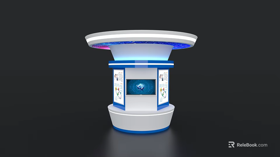 Contemporary Exhibition Island Featuring Circular Top Colorful Lights And Interactive Screen 3d model 