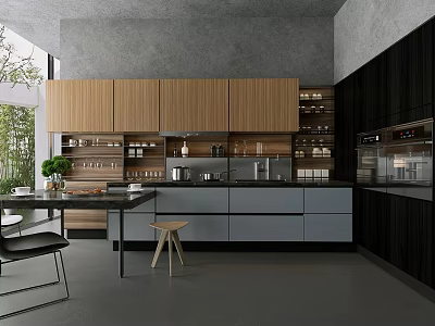 Modern Kitchen Interior With Wooden And Black Cabinets Gray Island And Green Plants 3d model