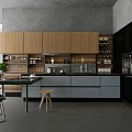 Modern Kitchen Interior With Wooden And Black Cabinets Gray Island And Green Plants
