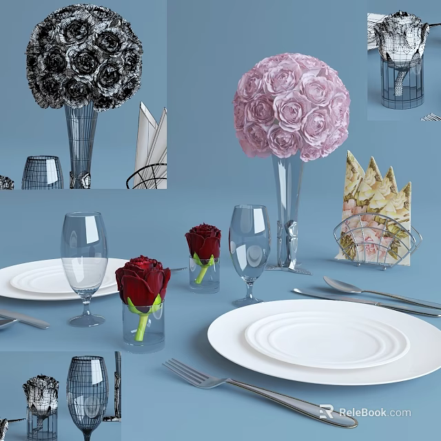Elegant Dinnerware Set With White Plates Wine Glasses Rose Decorations Cutlery And Napkins 3d model 
