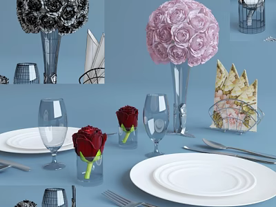 Elegant Dinnerware Set With White Plates Wine Glasses Rose Decorations Cutlery And Napkins 3d model